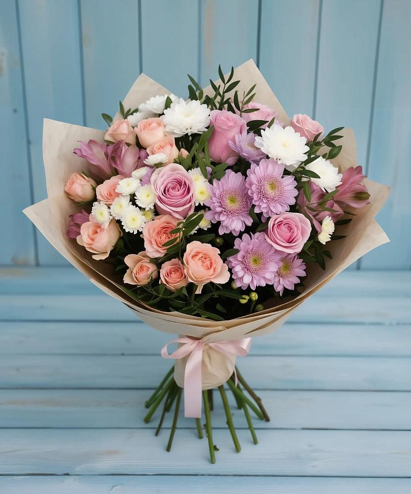 Букет цветов из: Хризантемы, Розы и Альстромерии в Ленинск-Кузнецком