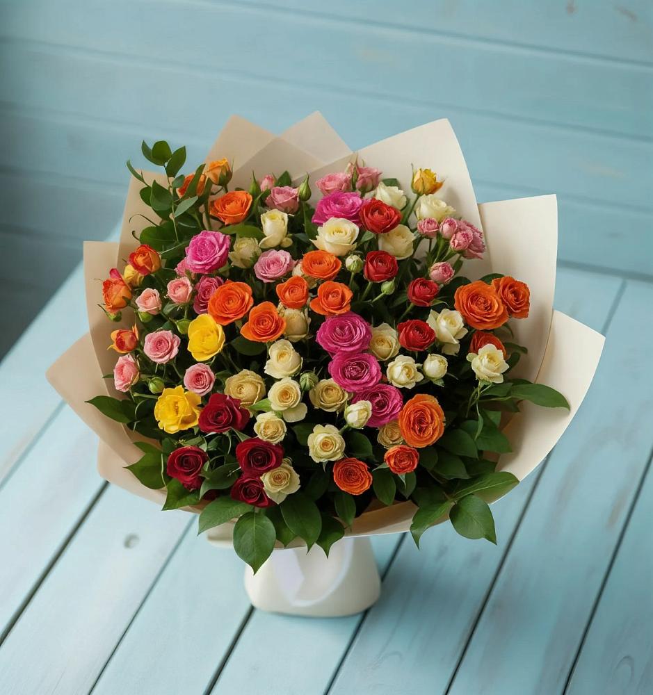 Букет Микс из разноцветных кустовых роз в Ленинск-Кузнецком