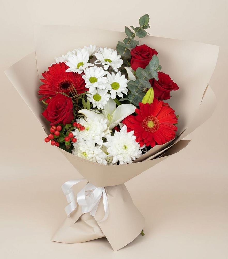 Букет цветов из: Розы, Хризантемы, Герберы и Лилии в Ленинск-Кузнецком