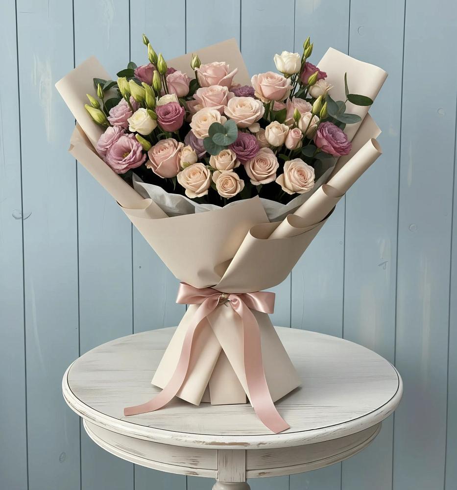 Букет цветов из: Розы и Лизиантусы в Ленинск-Кузнецком