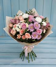 Букет цветов из:  Хризантемы, Розы и Альстромерии в Ленинск-Кузнецком
