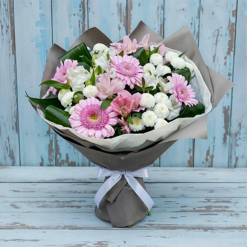 Букет цветов из: Герберы, Альстромерии и Хризантемы в Ленинск-Кузнецком