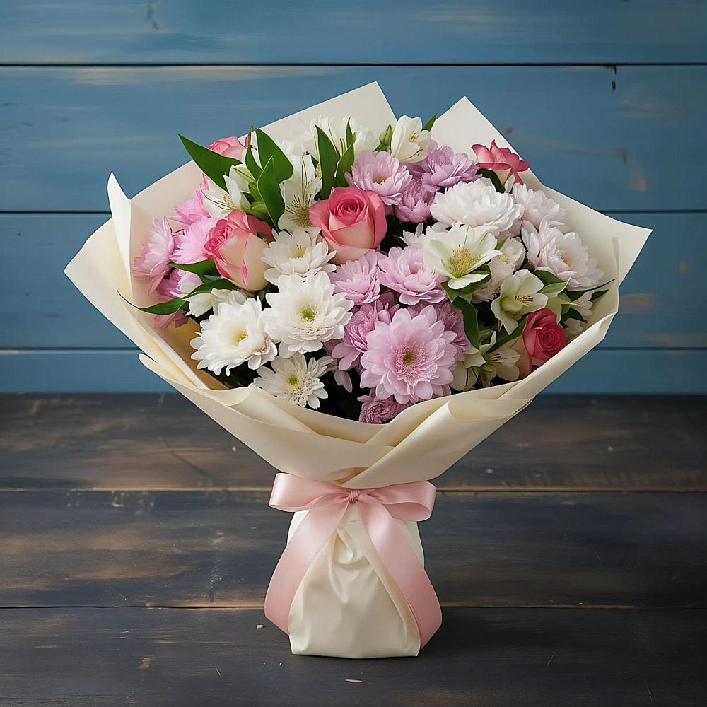 Букет цветов из: Хризантемы, Альстромерии и Розы в Ленинск-Кузнецком